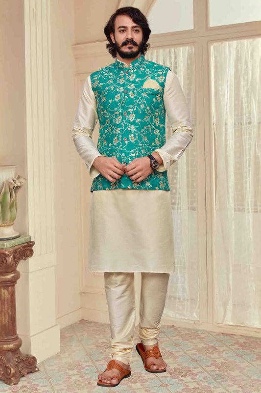 Ivory Colour Kurta Pajama With Jacket In Art Silk VSKP1210335