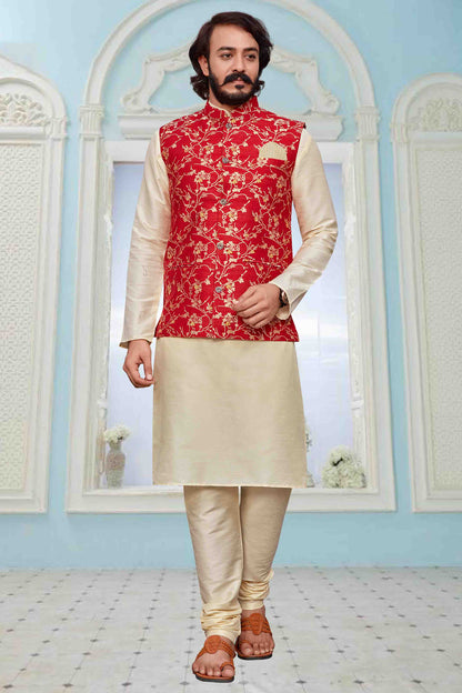 Ivory Colour Kurta Pajama With Jacket In Art Silk VSKP1210336
