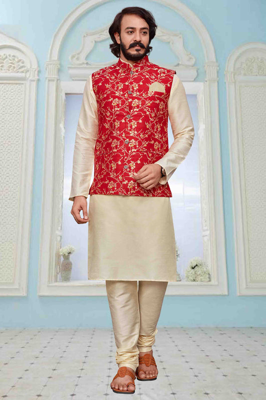 Ivory Colour Kurta Pajama With Jacket In Art Silk VSKP1210336