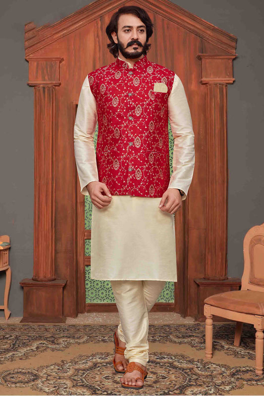Ivory Colour Kurta Pajama With Jacket In Art Silk VSKP1210337