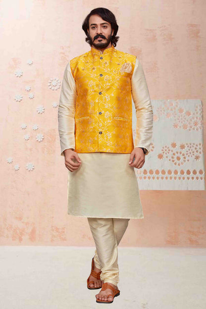 Ivory Colour Kurta Pajama With Jacket In Art Silk VSKP1210338