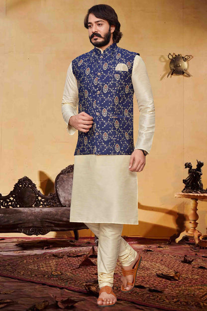 Ivory Colour Kurta Pajama With Jacket In Art Silk VSKP1210339