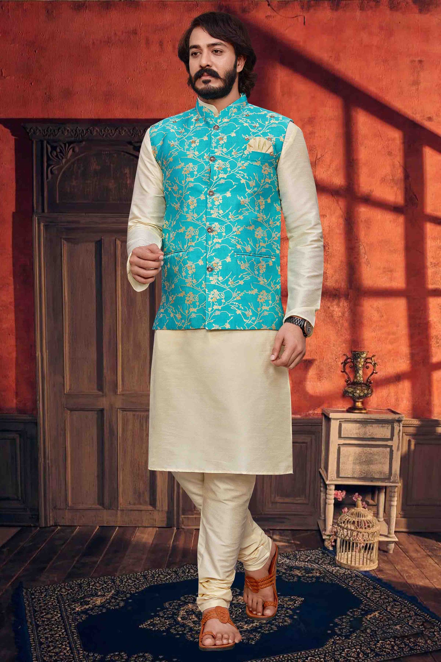 Ivory Colour Kurta Pajama With Jacket In Art Silk VSKP1210340