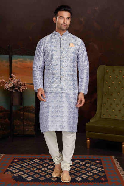 Lavender Colour Kurta Pajama With Jacket In Malai Silk VSKP1210440