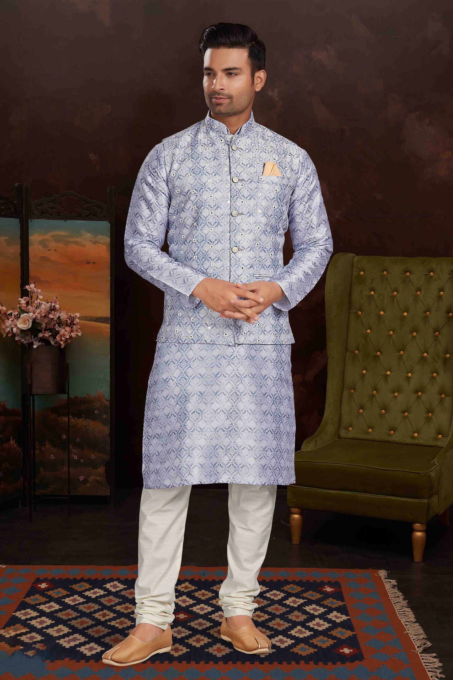 Lavender Colour Kurta Pajama With Jacket In Malai Silk VSKP1210440