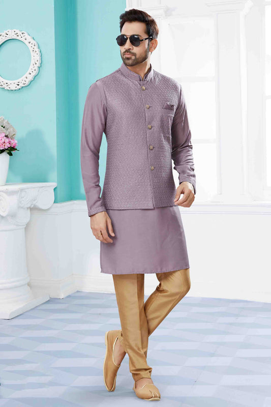 Lavender Colour Kurta Pajama With Jacket In Silk Dupion Fabric VSKP1040460