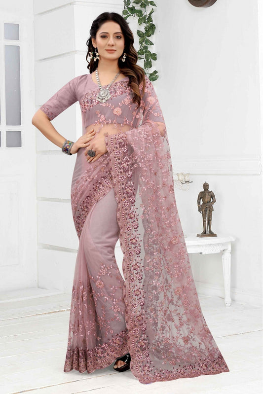 Lavender Colour Net Embroidery Saree VSSD1090256