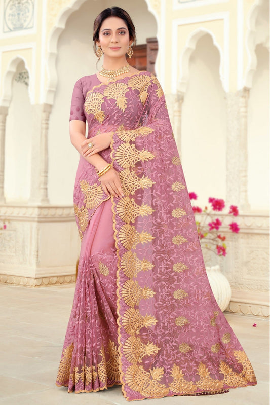 Lavender Colour Net Embroidery Saree VSSD1090444