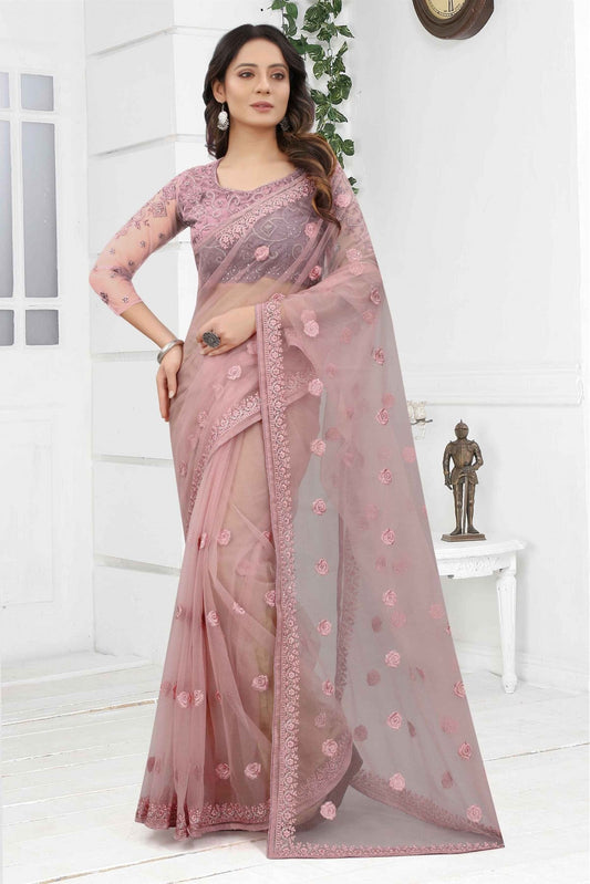Lavender Colour Net Embroidery Saree VSSD1120883