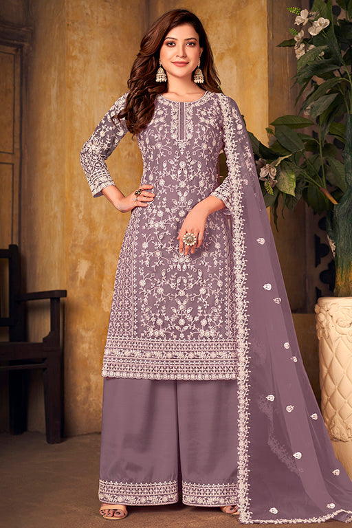 Lavender Colour Net Semi Stitched Palazzo Pant Suit VSSM1050326