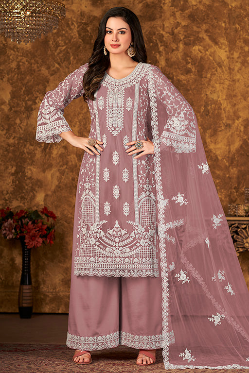 Lavender Colour Net Semi Stitched Palazzo Pant Suit VSSM1050339