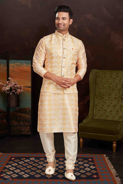Light Yellow Colour Kurta Pajama With Jacket In Malai Silk VSKP1210435