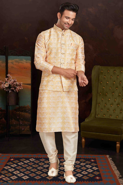 Light Yellow Colour Kurta Pajama With Jacket In Malai Silk VSKP1210435