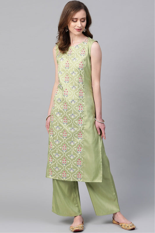 Light Green Colour Plus Size Poly Silk Straight Kurta Palazzo Set VSKR1060012