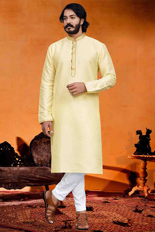 Light Yellow Colour Kurta Pajama In Silk VSKP1210234