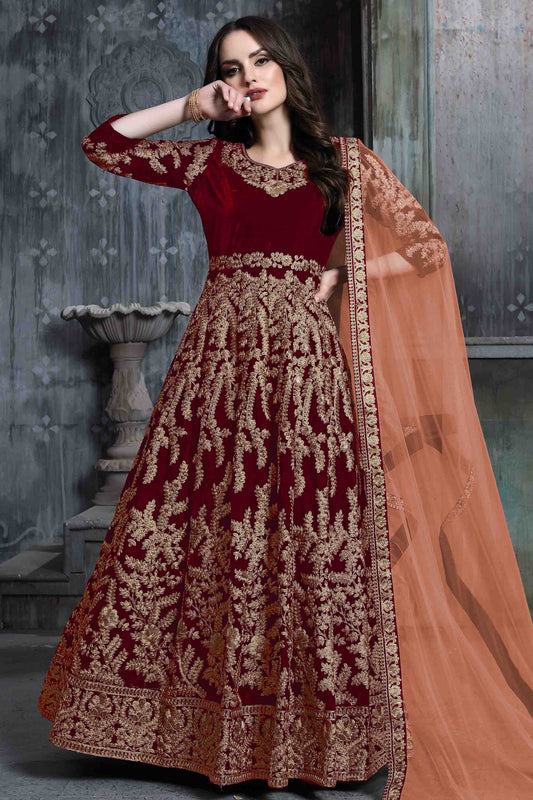 Maroon Colour 9000 Velvet Semi Stitched Anarkali Suit VSSM1050273