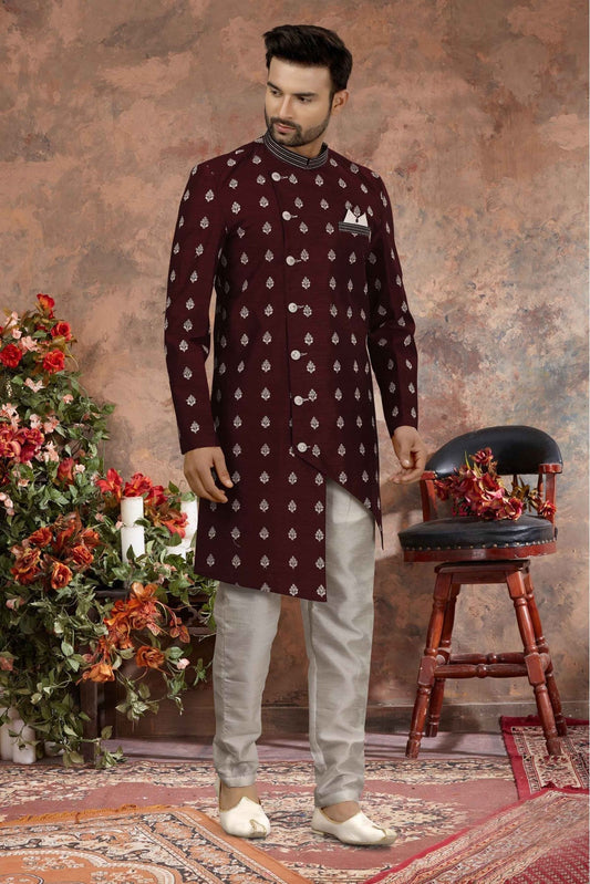 Maroon Colour Art Silk Thread Work Sherwani VSSH1040347