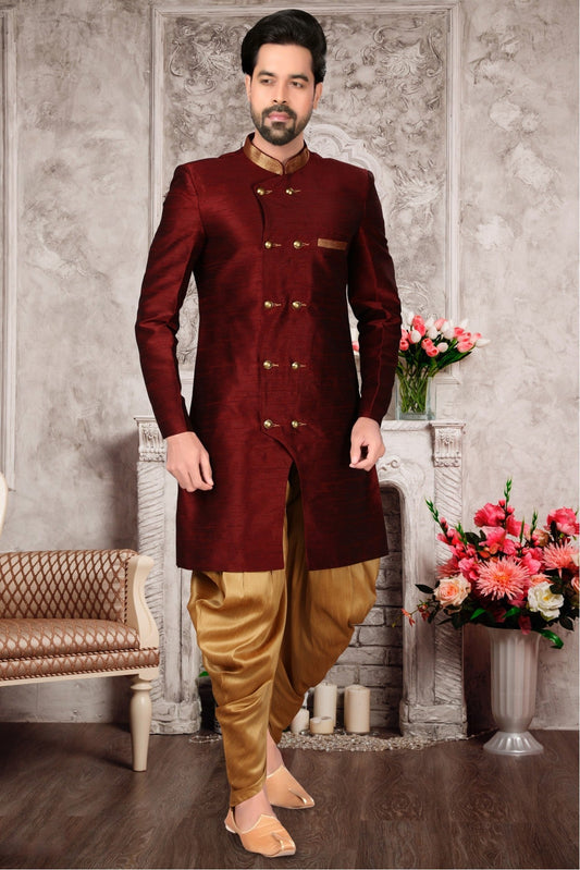 Maroon Colour Brocade Silk Dhoti Sherwani VSSH1040294