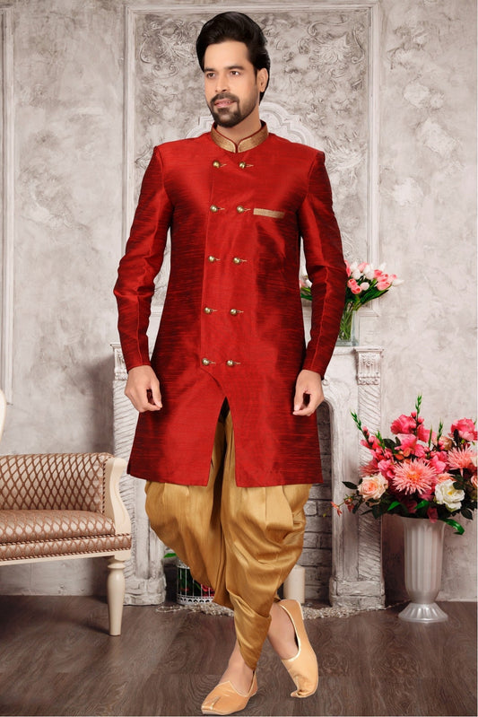 Maroon Colour Brocade Silk Dhoti Sherwani VSSH1040298