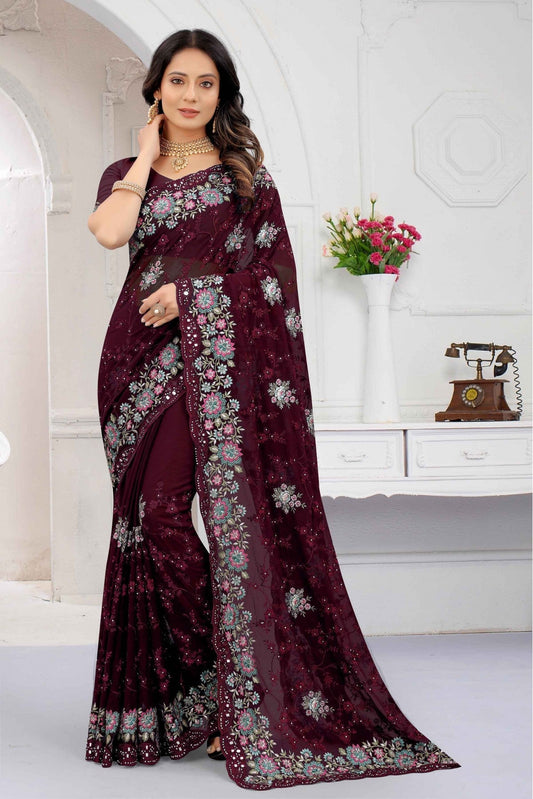 Maroon Colour Georgette Embroidery Saree VSSD1120322