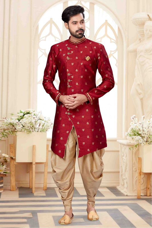 Maroon Colour Jacquard Dhoti Sherwani VSSH1040248