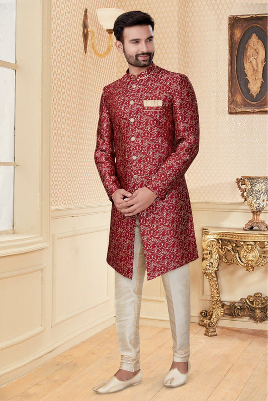 Maroon Colour Jacquard Sherwani VSSH1040256