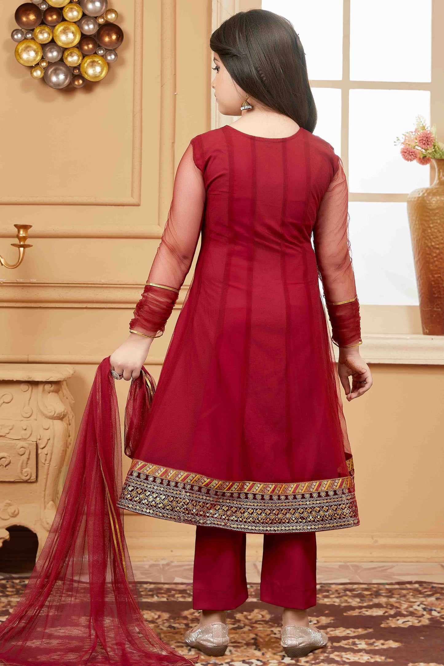 Maroon Colour Net Pant Style Suit VSGW1070734
