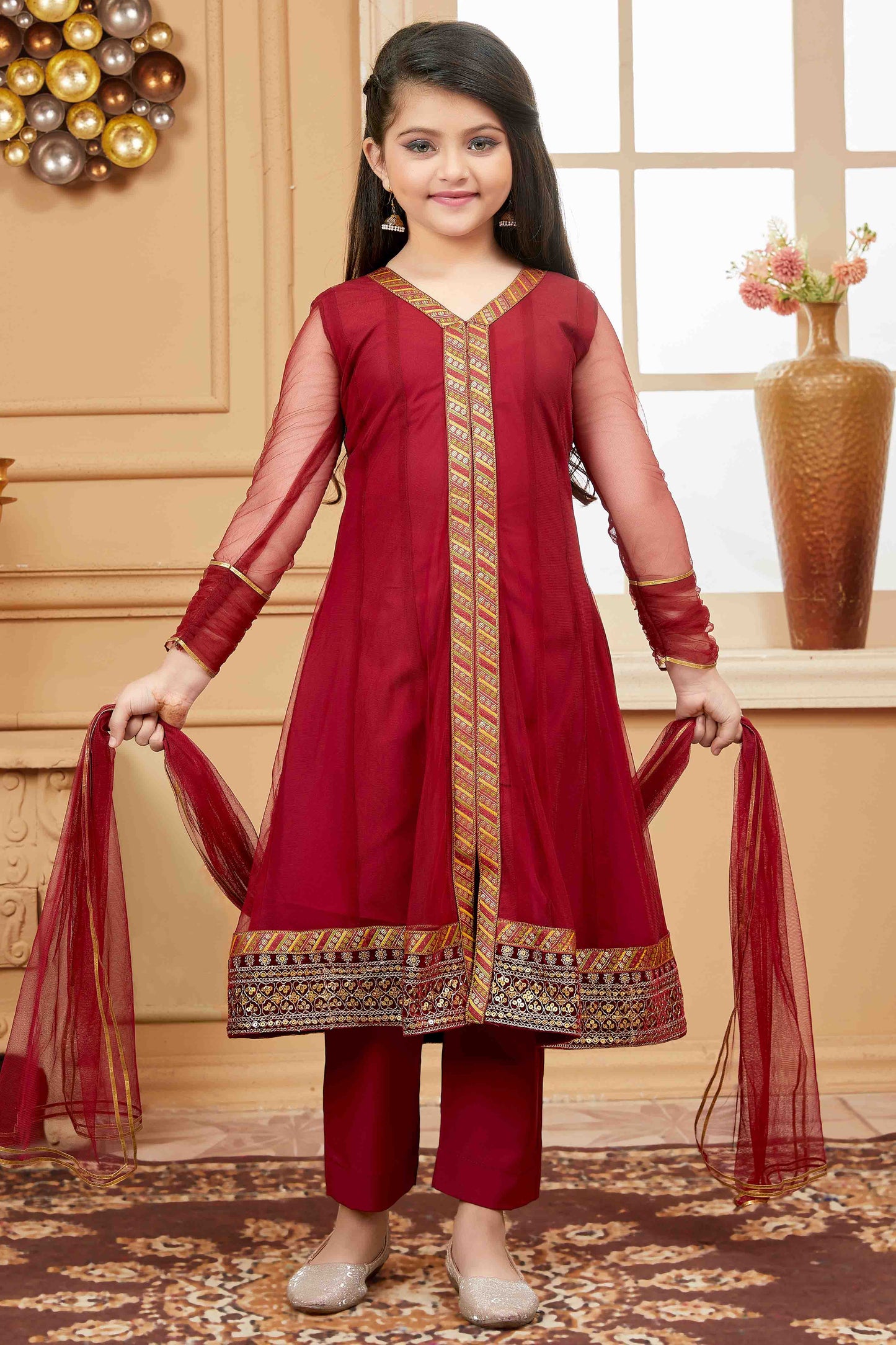 Maroon Colour Net Pant Style Suit VSGW1070734