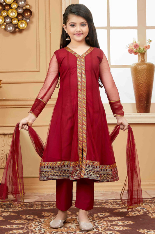 Maroon Colour Net Pant Style Suit VSGW1070734