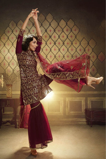 Maroon Colour Net Sequins Work Sharara Suit VSSM1080645