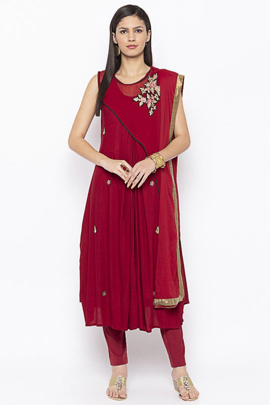 Maroon Colour Plus Size Cotton Embroidery Pant Style Suit VSSS1070320