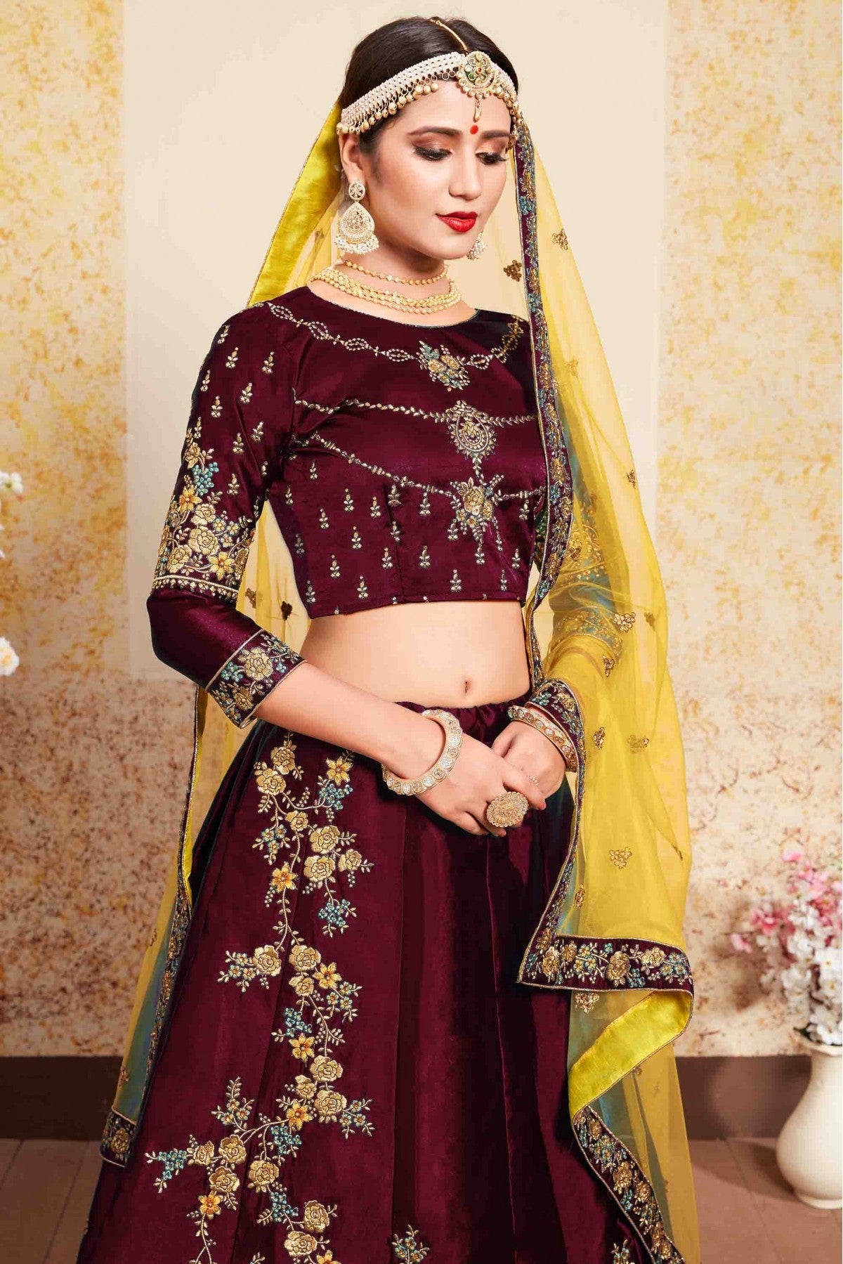 Maroon Colour Satin Embroidery Lehenga Choli VSLC1080431