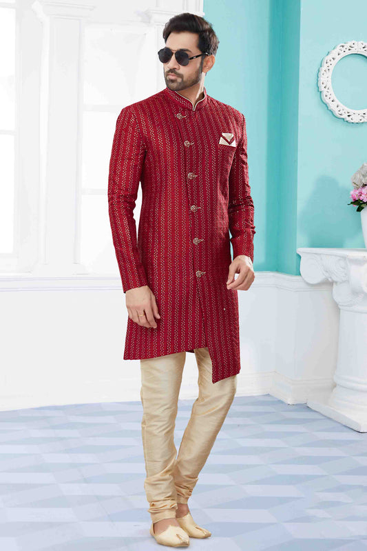 Maroon Colour Sherwani In Jacquard Fabric VSSH1040419