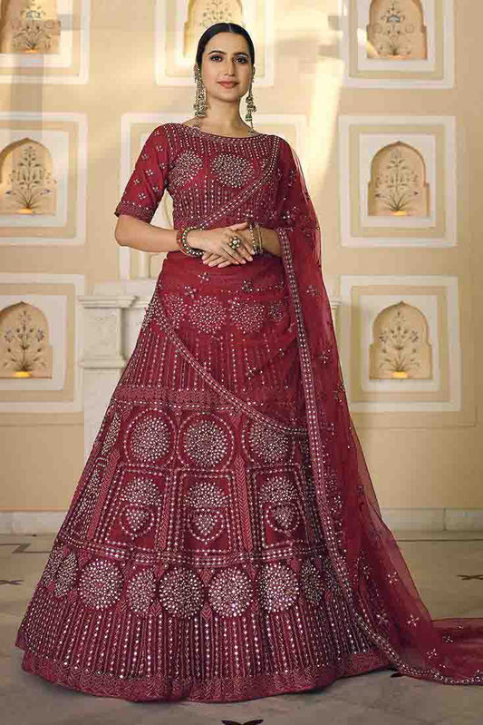 Maroon Colour Soft Net Mirror Work Lehenga Choli