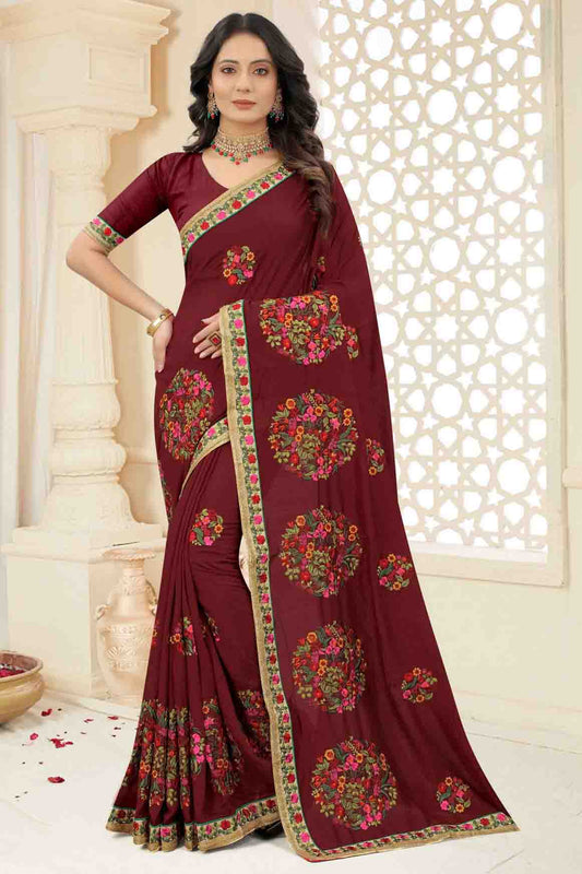 Maroon Colour Vichitra Silk Embroidery Saree VSSD1120966