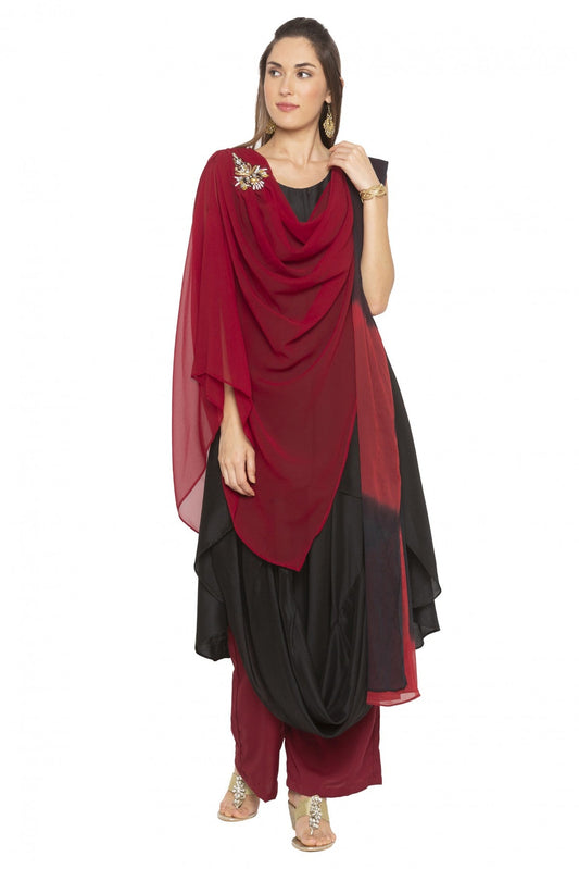 Maroon and Black Colour Plus Size Muslin Embroidery Palazzo Pant Suit VSSS1070238