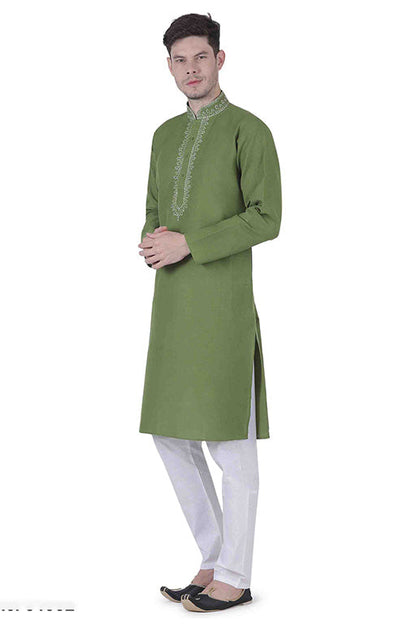 Mehendi Green Colour Kurta Pajama In Linen Texture Cotton VSKP1210144