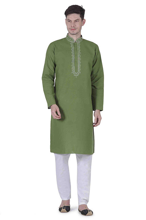 Mehendi Green Colour Kurta Pajama In Linen Texture Cotton VSKP1210144