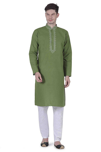 Mehendi Green Colour Kurta Pajama In Linen Texture Cotton VSKP1210144