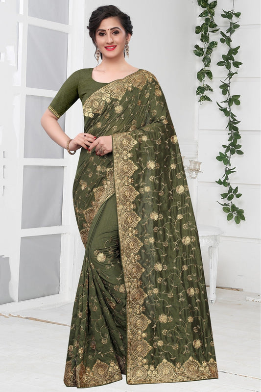 Mehendi and Green Colour Vichitra Silk Designer Saree VSSD1090120