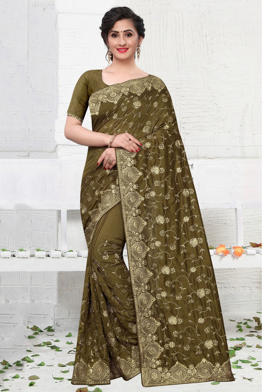 Mehendi and Green Colour Vichitra Silk Designer Saree VSSD1090126