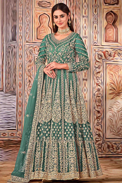 Mint Blue Colour Net Semi Stitched Anarkali Suit VSSM1050278