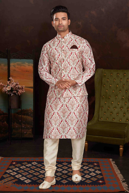 Multicolour Kurta Pajama With Jacket In Malai Silk VSKP1210432