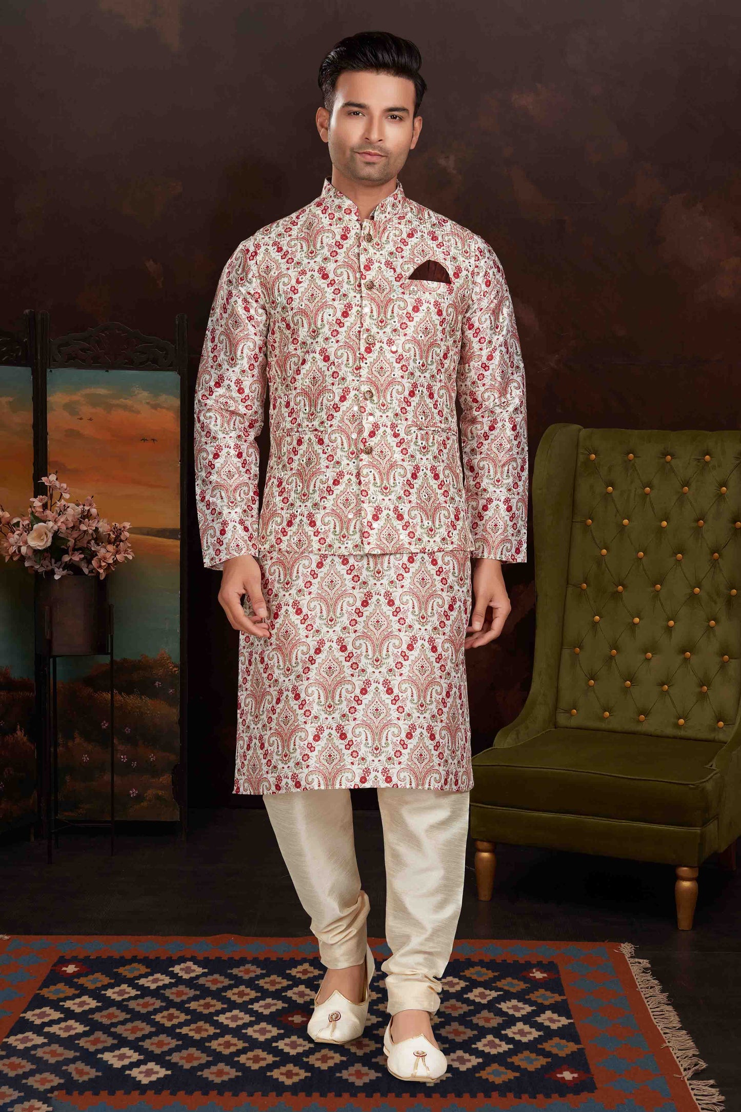 Multicolour Kurta Pajama With Jacket In Malai Silk VSKP1210432