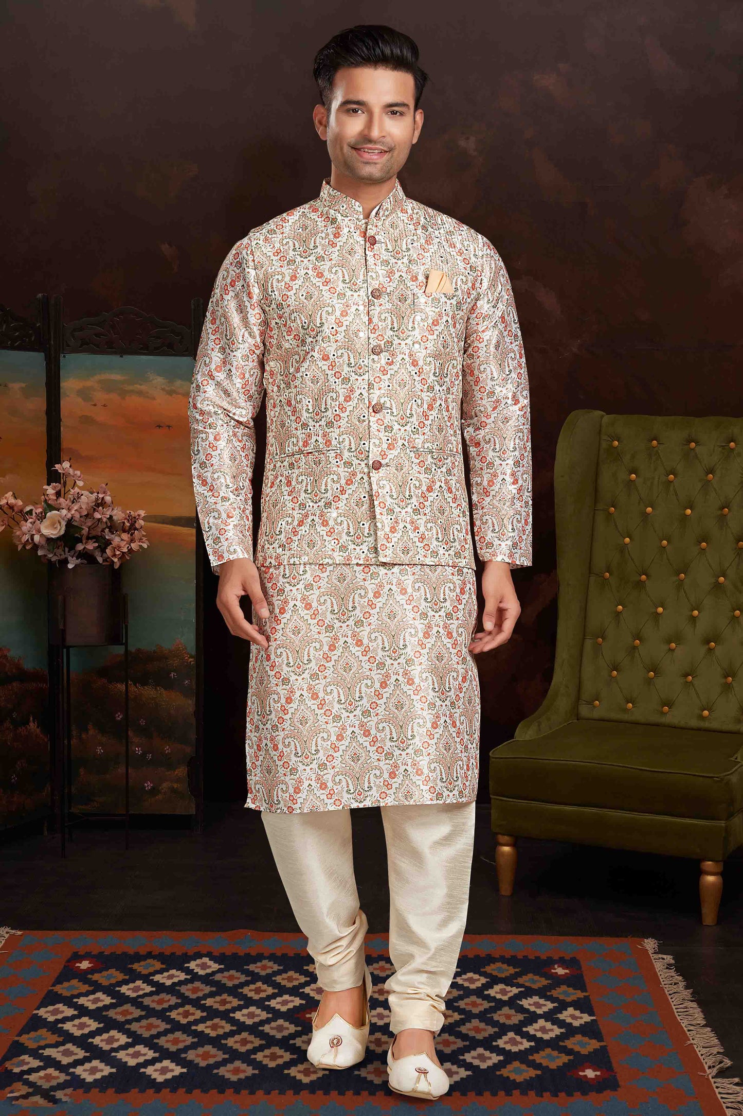Multicolour Kurta Pajama With Jacket In Malai Silk VSKP1210434