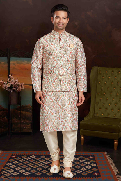 Multicolour Kurta Pajama With Jacket In Malai Silk VSKP1210434