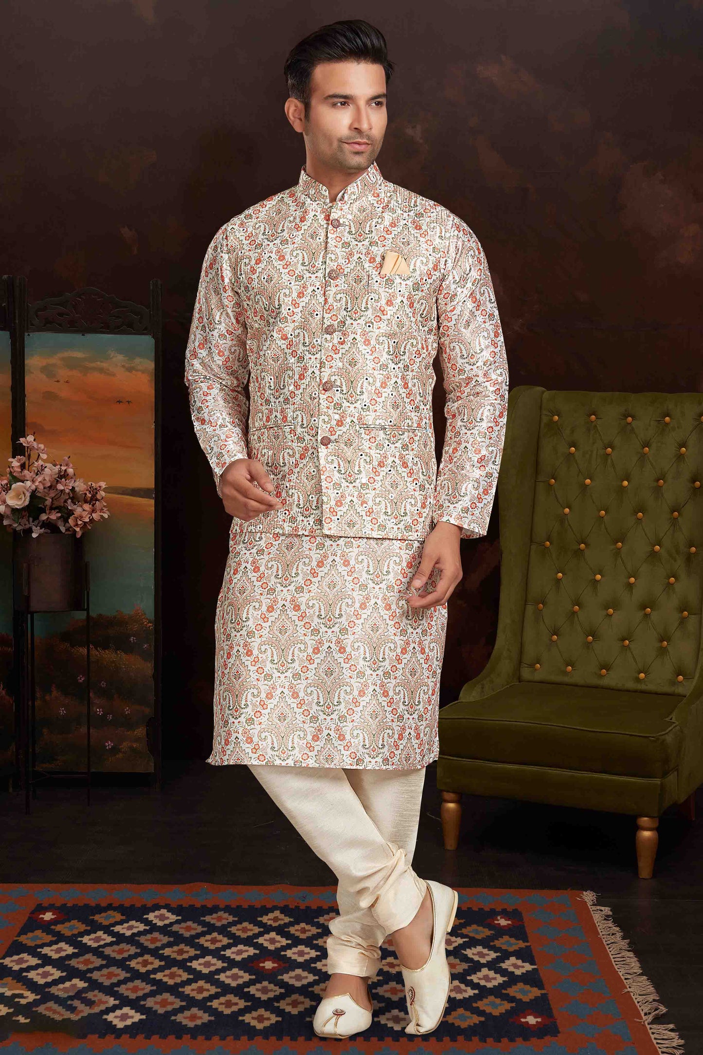 Multicolour Kurta Pajama With Jacket In Malai Silk VSKP1210434