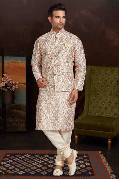 Multicolour Kurta Pajama With Jacket In Malai Silk VSKP1210434
