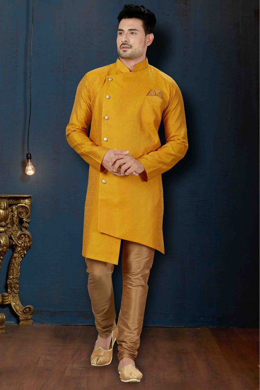 Mustard Colour Jacquard Party Wear Indo Western Sherwani VSSH1040226
