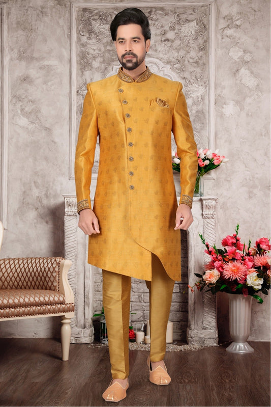 Mustard Colour Jacquard Sherwani VSSH1040282